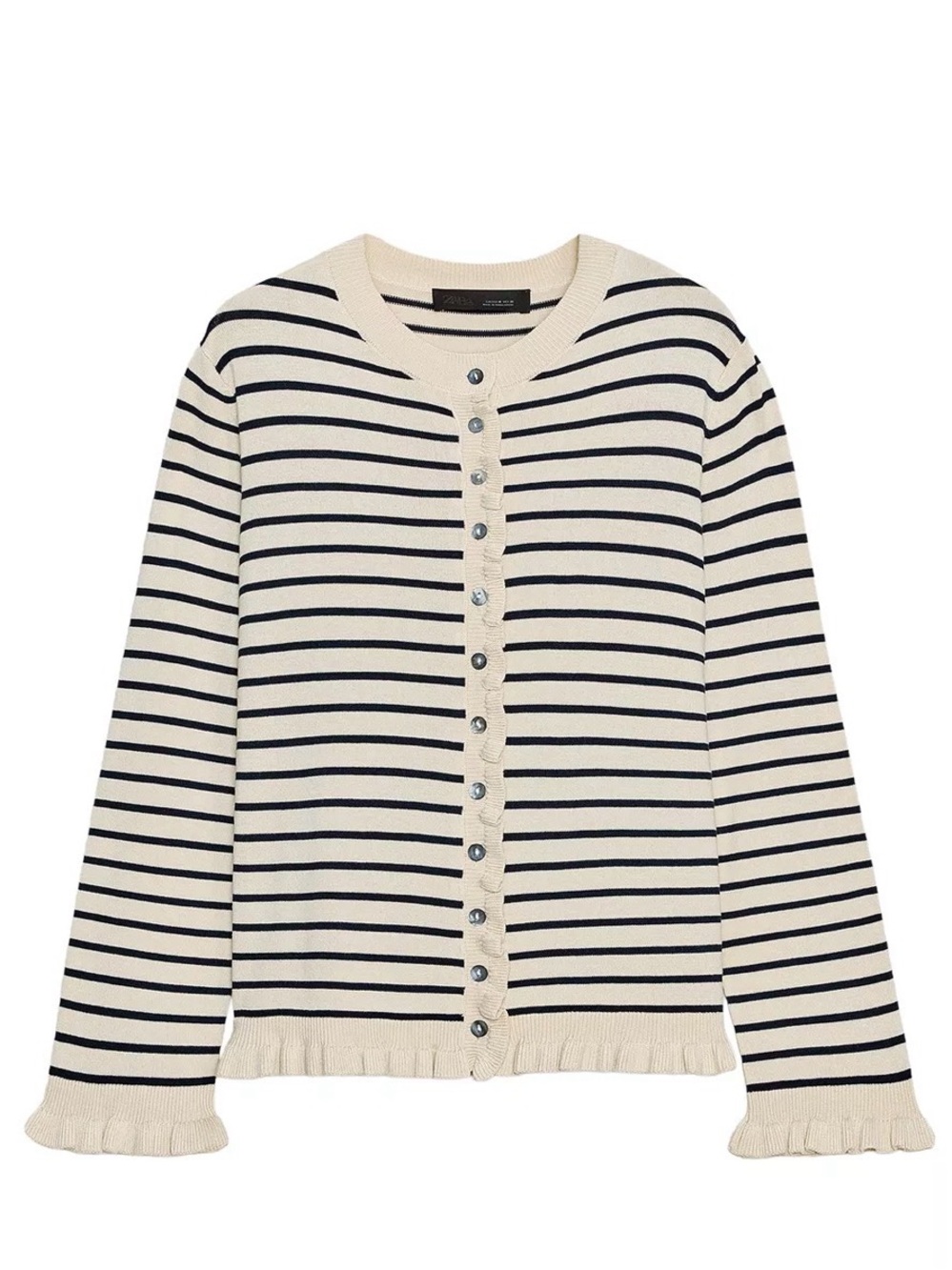 Zara Striped Cream and Black Button-Front Crewneck Sweater